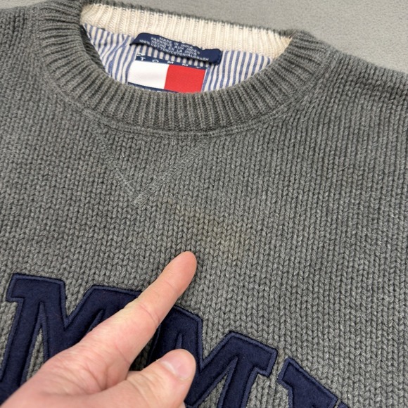 Vintage 90s Tommy Hilfiger Heavy Knit Sweater Mens XXL Gray Spell Out Preppy - Picture 4 of 11